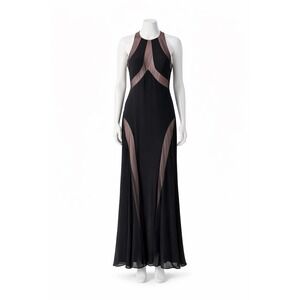 Nightway Black Champagne Illusion Mesh Halter Gala Prom Maxi Gown Open Back 10P